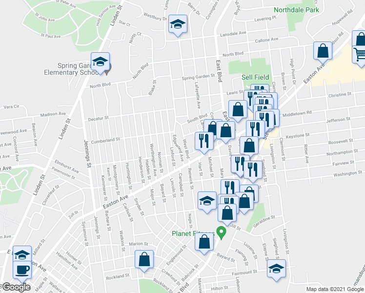 map of restaurants, bars, coffee shops, grocery stores, and more near 2137 West Boulevard in Bethlehem