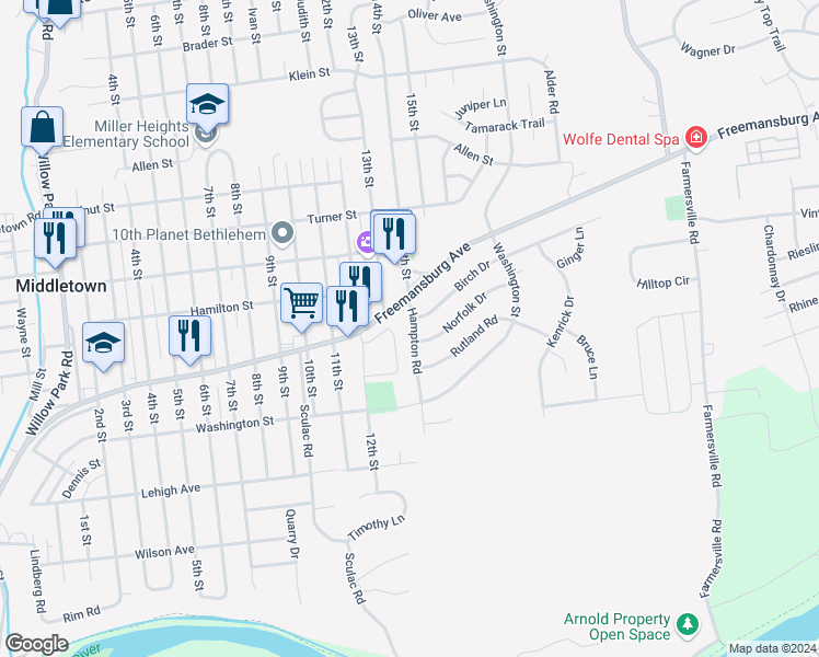 map of restaurants, bars, coffee shops, grocery stores, and more near 1843 Hampton Road in Bethlehem