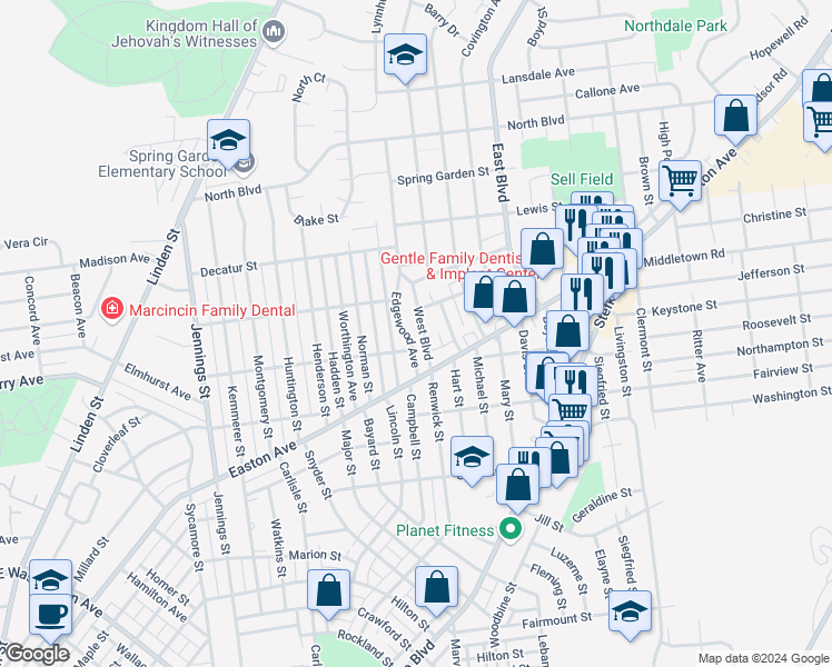 map of restaurants, bars, coffee shops, grocery stores, and more near 2137 West Boulevard in Bethlehem