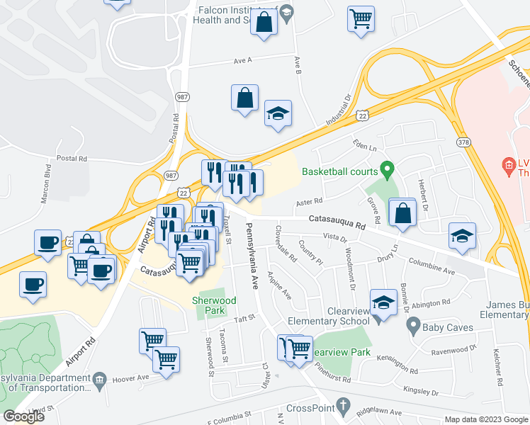 map of restaurants, bars, coffee shops, grocery stores, and more near 2326 Catasauqua Road in Bethlehem