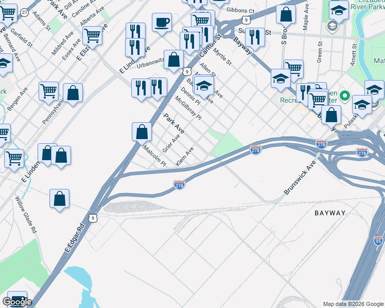 map of restaurants, bars, coffee shops, grocery stores, and more near 1800 Klem Avenue in Linden