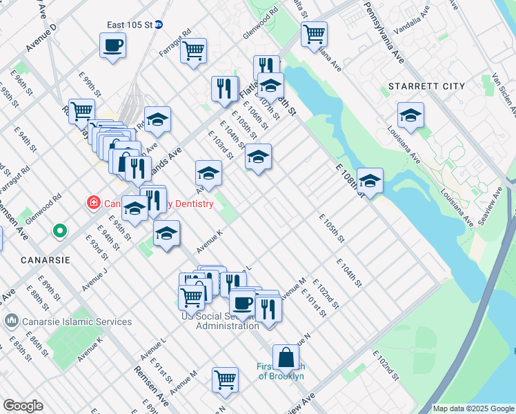 map of restaurants, bars, coffee shops, grocery stores, and more near 10122 Avenue K in Brooklyn