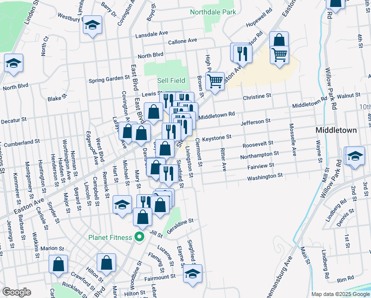 map of restaurants, bars, coffee shops, grocery stores, and more near 2110 Livingston Street in Bethlehem