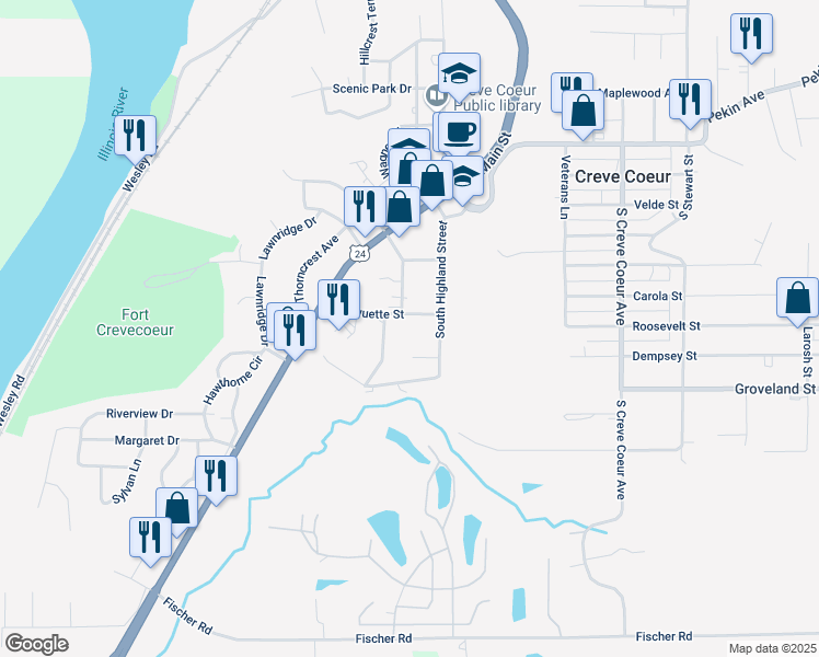 map of restaurants, bars, coffee shops, grocery stores, and more near 124 Marquette Street in Creve Coeur