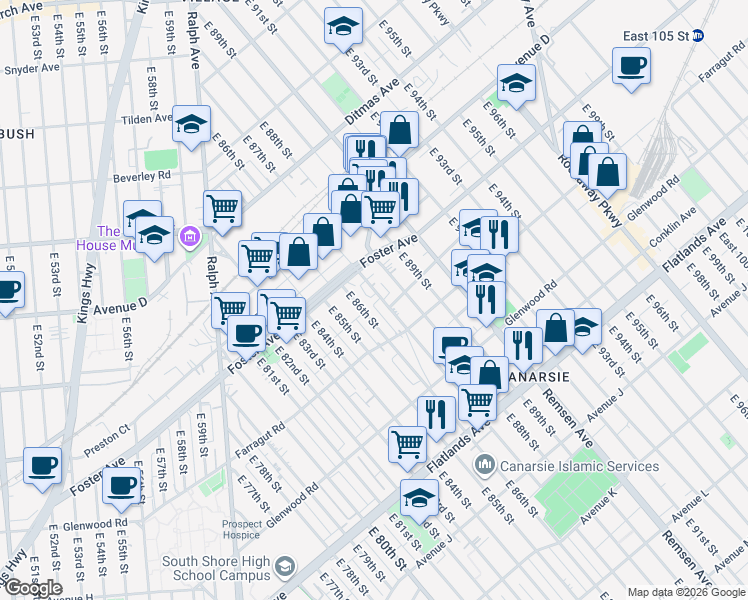 map of restaurants, bars, coffee shops, grocery stores, and more near 574 East 87th Street in Brooklyn