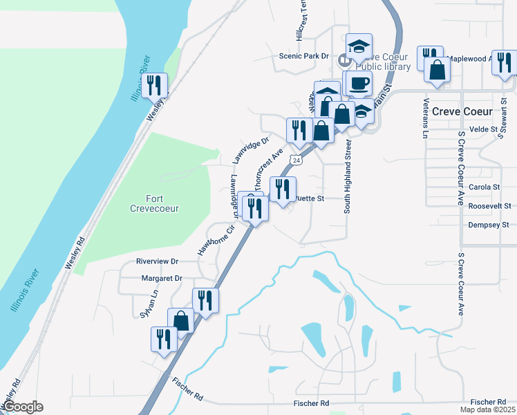 map of restaurants, bars, coffee shops, grocery stores, and more near 299 South Thorncrest Avenue in Creve Coeur