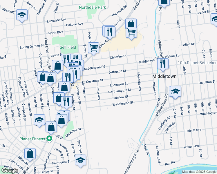 map of restaurants, bars, coffee shops, grocery stores, and more near 2840 Roosevelt Street in Bethlehem