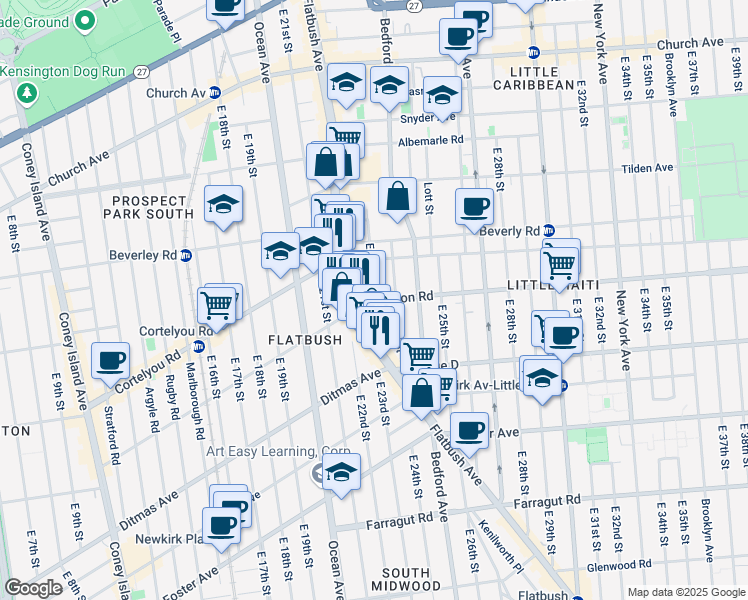 map of restaurants, bars, coffee shops, grocery stores, and more near 367 East 22nd Street in Brooklyn