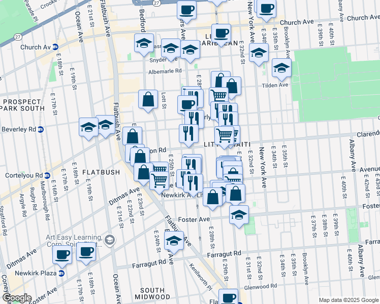 map of restaurants, bars, coffee shops, grocery stores, and more near 1108 Rogers Avenue in Brooklyn