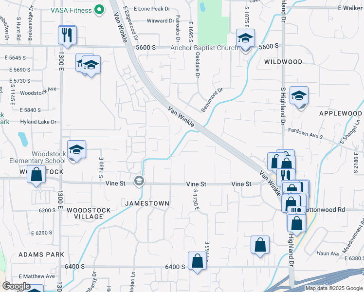 map of restaurants, bars, coffee shops, grocery stores, and more near 5976 Monte Carlo Drive in Salt Lake City