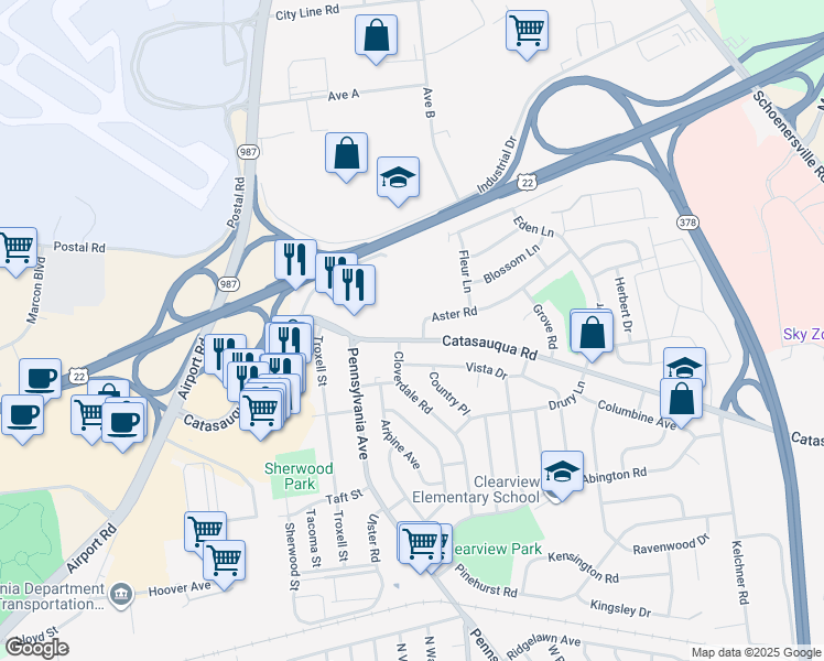 map of restaurants, bars, coffee shops, grocery stores, and more near 2254b Catasauqua Road in Bethlehem