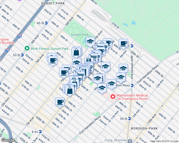 map of restaurants, bars, coffee shops, grocery stores, and more near 8th Ave & 47th St in Brooklyn