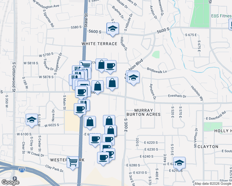map of restaurants, bars, coffee shops, grocery stores, and more near 202 East 5900 South in Murray