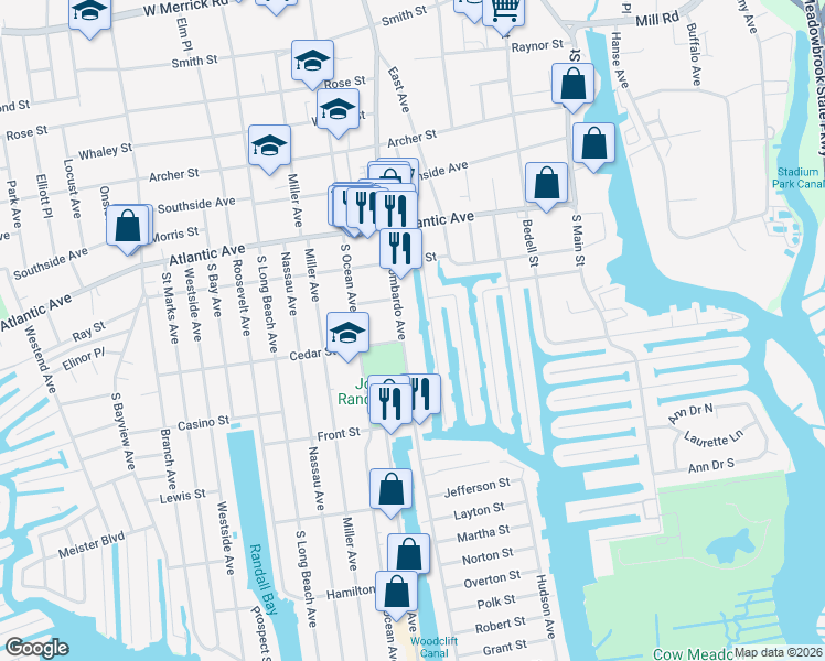 map of restaurants, bars, coffee shops, grocery stores, and more near 419 Guy Lombardo Avenue in Freeport