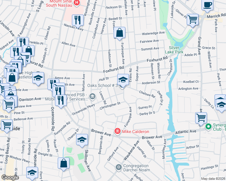 map of restaurants, bars, coffee shops, grocery stores, and more near 2866 Clarendon Road in Oceanside