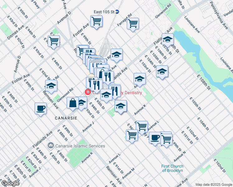map of restaurants, bars, coffee shops, grocery stores, and more near 1585 Rockaway Parkway in Brooklyn