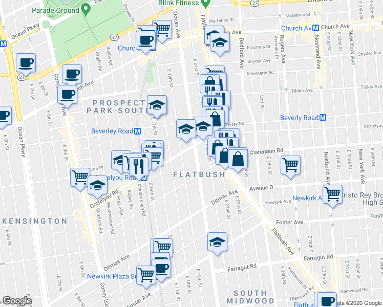 map of restaurants, bars, coffee shops, grocery stores, and more near 309 East 19th Street in Brooklyn