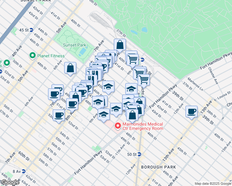 map of restaurants, bars, coffee shops, grocery stores, and more near 913 45th Street in Brooklyn
