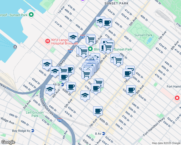 map of restaurants, bars, coffee shops, grocery stores, and more near 5516 5th Avenue in Brooklyn