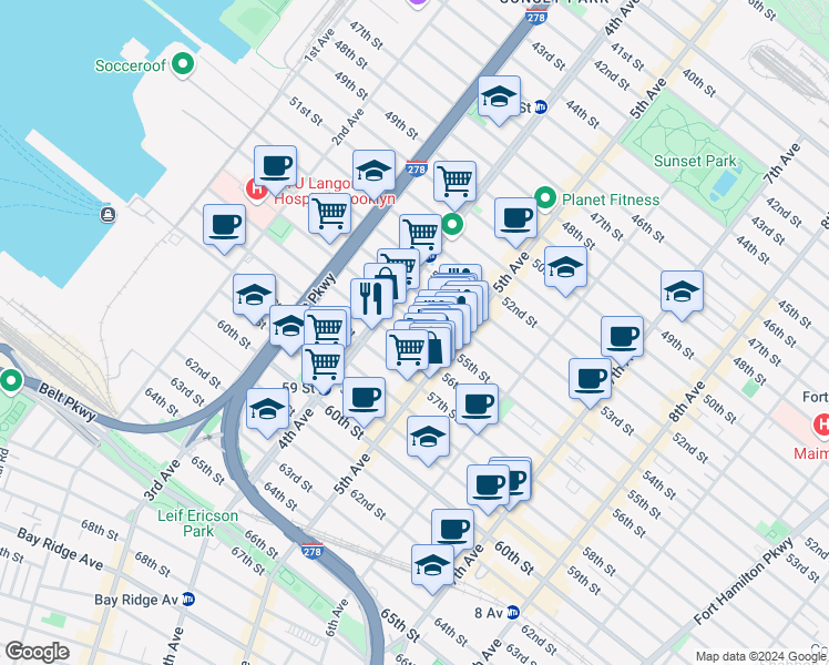 map of restaurants, bars, coffee shops, grocery stores, and more near in Brooklyn