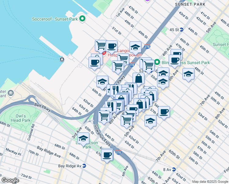 map of restaurants, bars, coffee shops, grocery stores, and more near 330 59th Street in Brooklyn