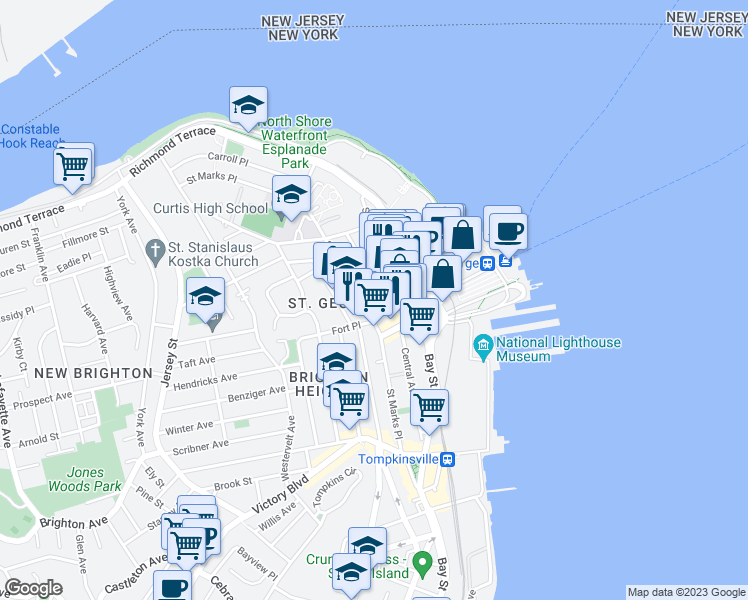 map of restaurants, bars, coffee shops, grocery stores, and more near 325 Saint Marks Place in Staten Island