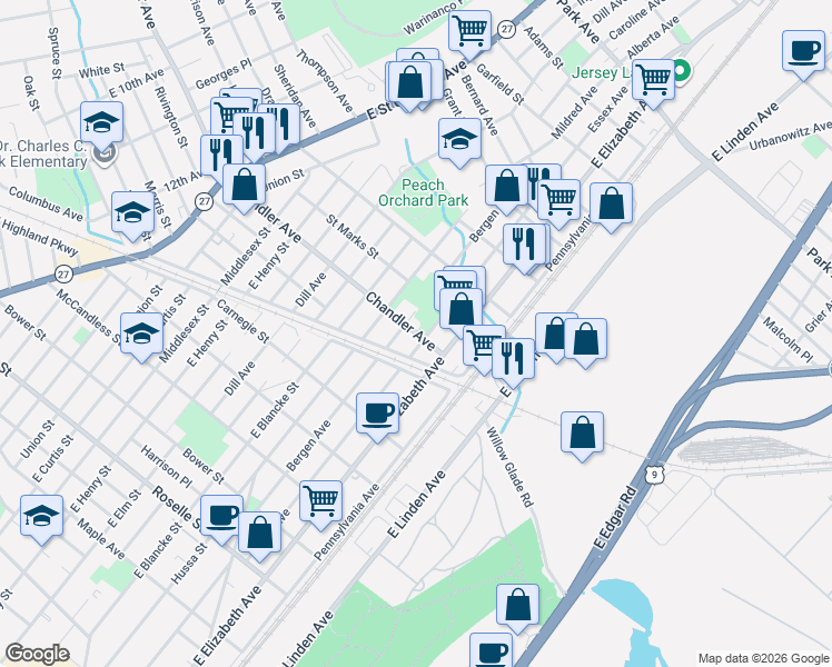 map of restaurants, bars, coffee shops, grocery stores, and more near 117 Chandler Avenue in Linden