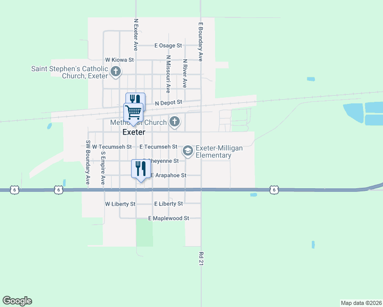 map of restaurants, bars, coffee shops, grocery stores, and more near 321 South River Avenue in Exeter