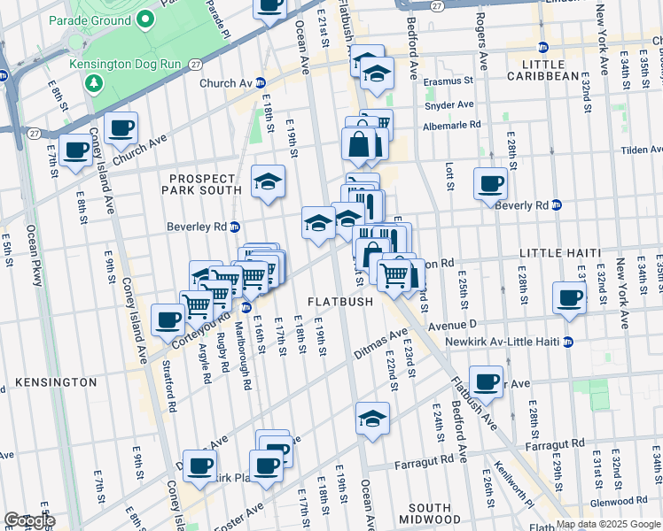 map of restaurants, bars, coffee shops, grocery stores, and more near 810 Ocean Avenue in Brooklyn