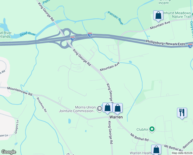 map of restaurants, bars, coffee shops, grocery stores, and more near 4A Deerfield Road in Warren