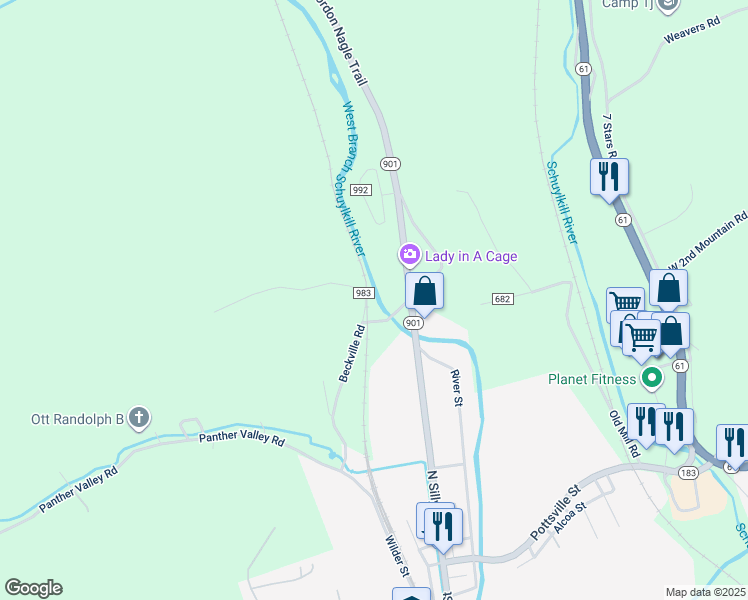 map of restaurants, bars, coffee shops, grocery stores, and more near 81 Beckville Road in Pottsville