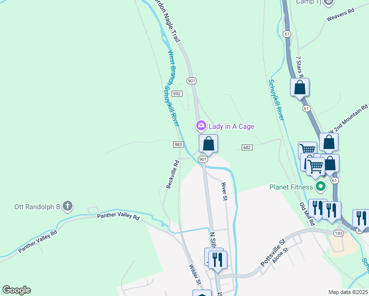 map of restaurants, bars, coffee shops, grocery stores, and more near 81 Beckville Road in Pottsville
