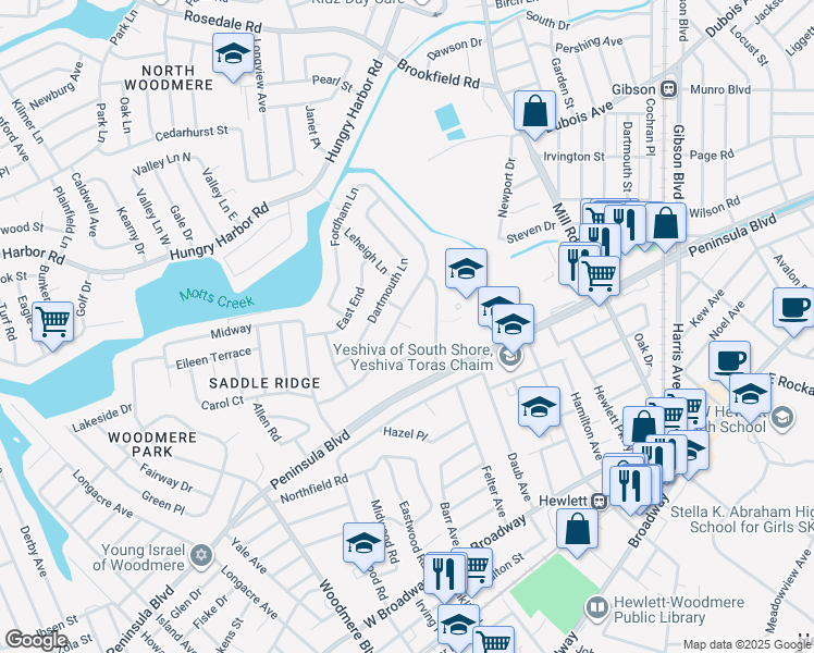map of restaurants, bars, coffee shops, grocery stores, and more near South End Court in Woodmere