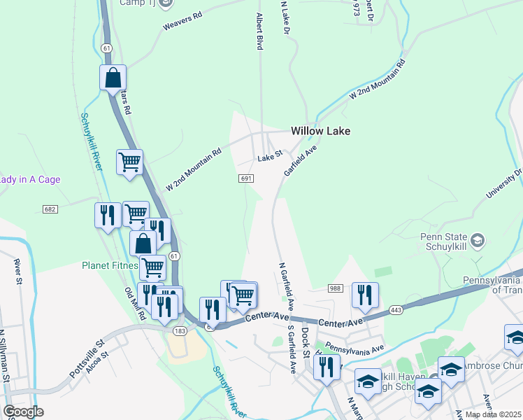 map of restaurants, bars, coffee shops, grocery stores, and more near 827 North Garfield Avenue in Schuylkill Haven
