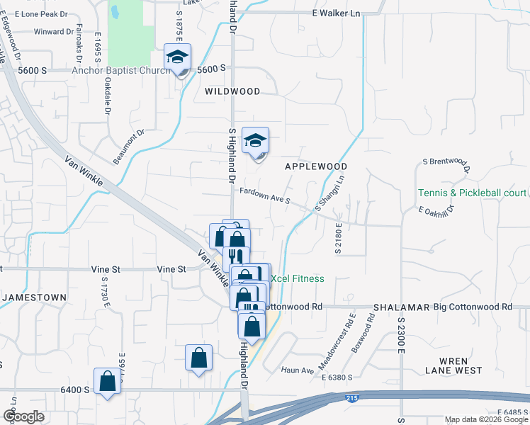 map of restaurants, bars, coffee shops, grocery stores, and more near 2031 East La Tour Circle in Salt Lake City
