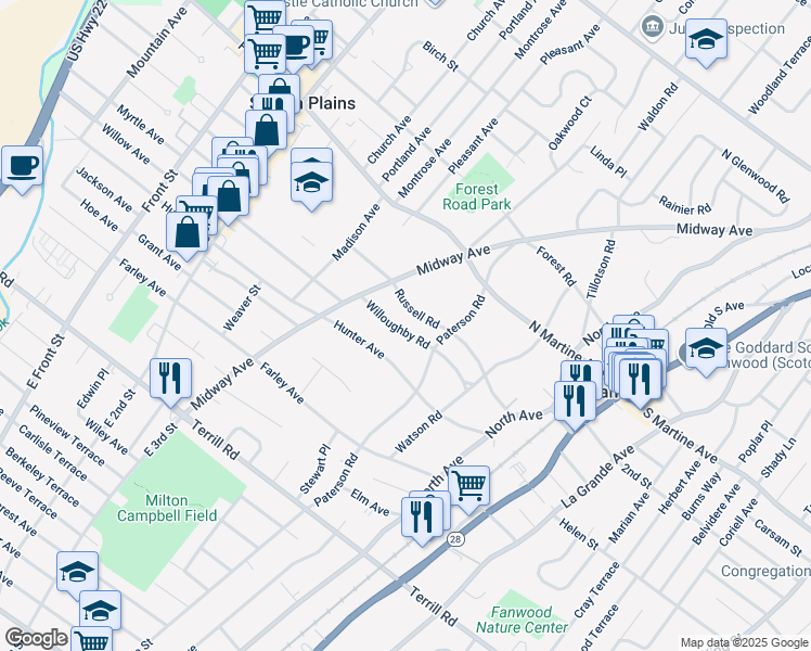 map of restaurants, bars, coffee shops, grocery stores, and more near 119 Willoughby Road in Fanwood