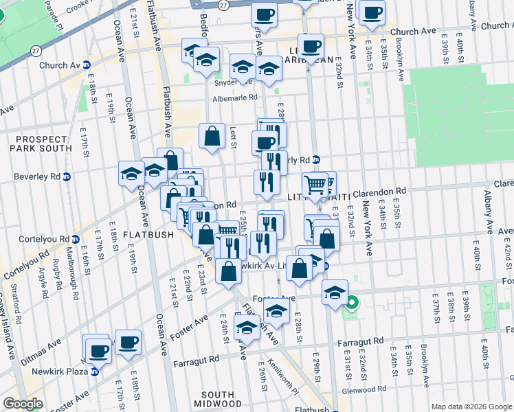 map of restaurants, bars, coffee shops, grocery stores, and more near 316 East 26th Street in Brooklyn