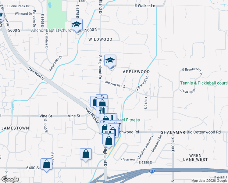 map of restaurants, bars, coffee shops, grocery stores, and more near 2031 East La Tour Circle in Salt Lake City