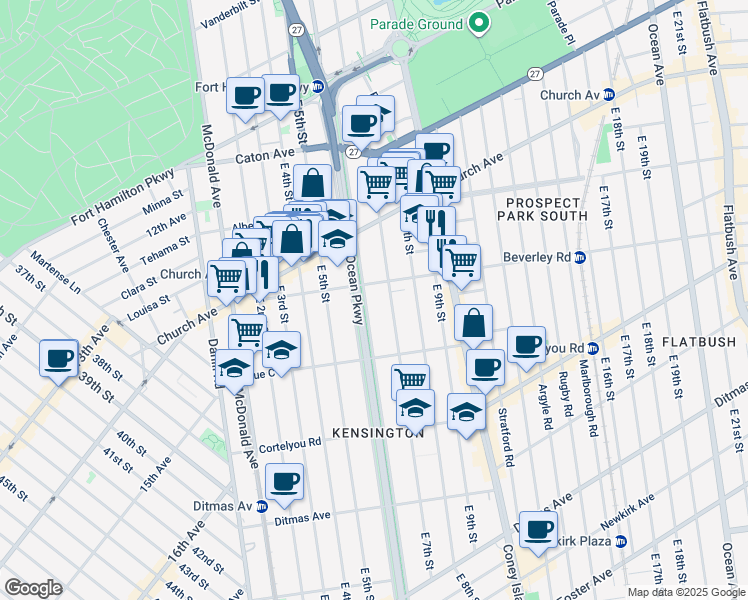 map of restaurants, bars, coffee shops, grocery stores, and more near 269 Ocean Parkway in Brooklyn