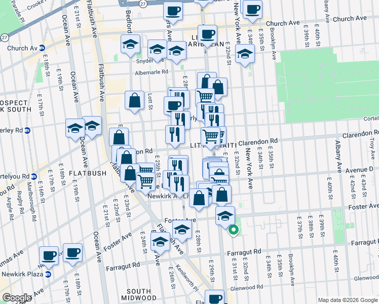 map of restaurants, bars, coffee shops, grocery stores, and more near 1119 Rogers Avenue in Brooklyn