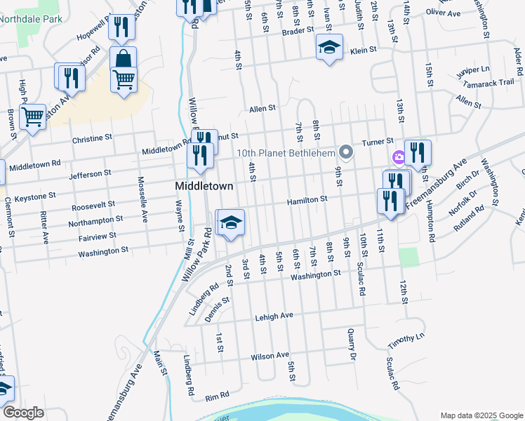 map of restaurants, bars, coffee shops, grocery stores, and more near 1849 5th Street in Bethlehem