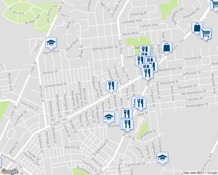 map of restaurants, bars, coffee shops, grocery stores, and more near 2124 Lexington Avenue in Bethlehem