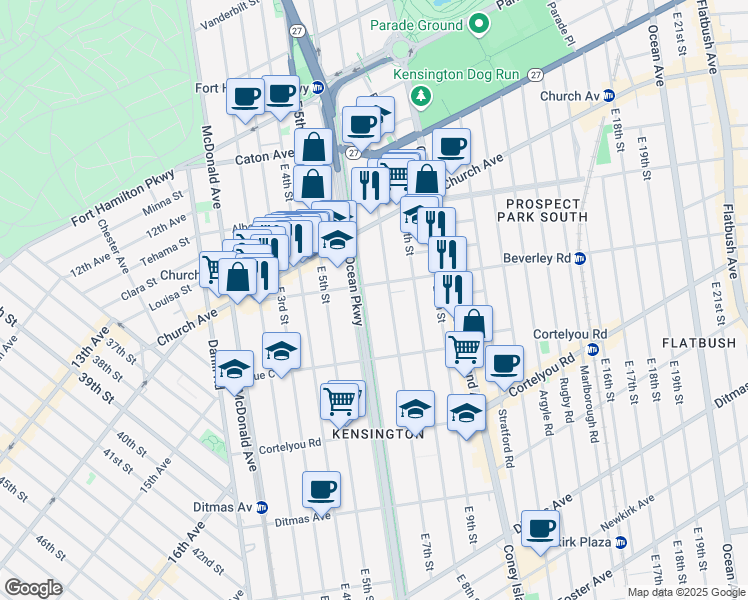 map of restaurants, bars, coffee shops, grocery stores, and more near 269 Ocean Parkway in Brooklyn