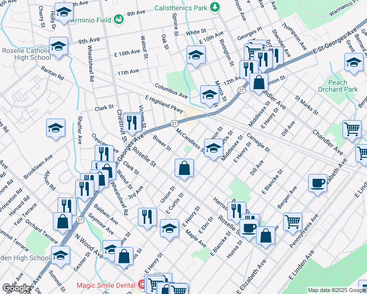map of restaurants, bars, coffee shops, grocery stores, and more near 711-715 Cleveland Avenue in Linden