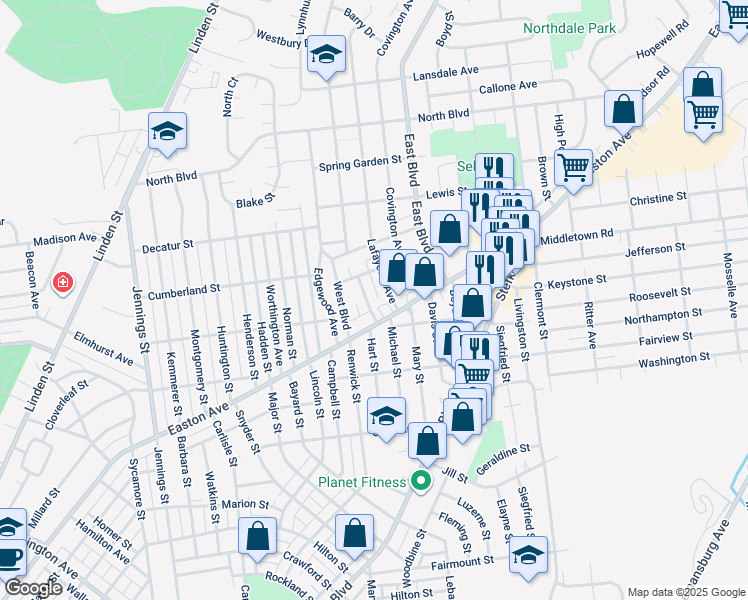 map of restaurants, bars, coffee shops, grocery stores, and more near 2124 Lexington Avenue in Bethlehem