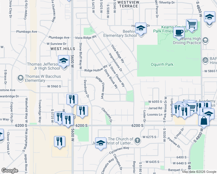 map of restaurants, bars, coffee shops, grocery stores, and more near 5366 Stony Brook Circle in Salt Lake City