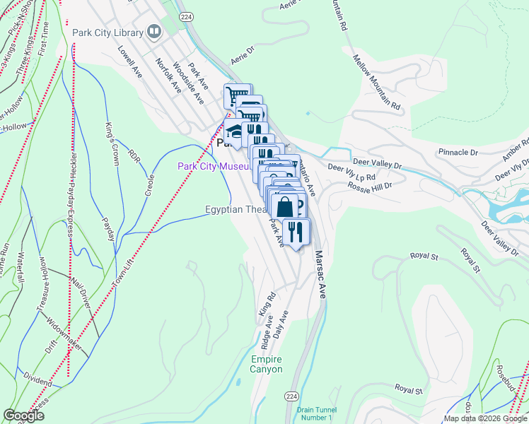 map of restaurants, bars, coffee shops, grocery stores, and more near 401 Park Avenue in Park City