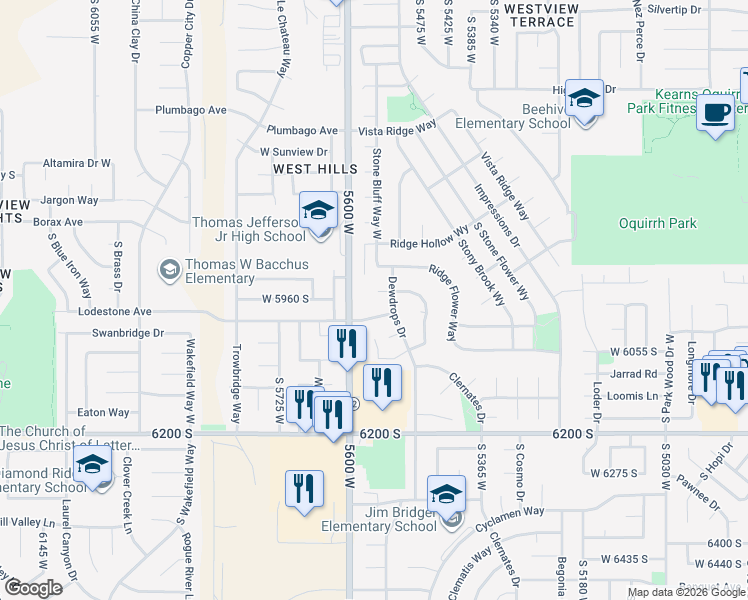 map of restaurants, bars, coffee shops, grocery stores, and more near 5532 Lodestone Avenue in Kearns