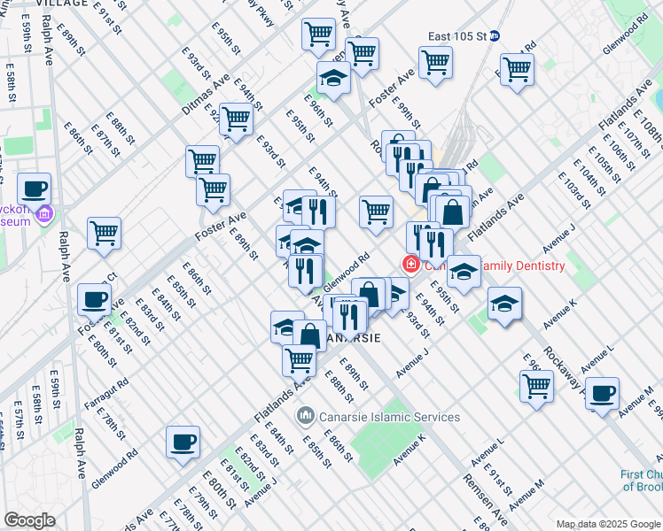 map of restaurants, bars, coffee shops, grocery stores, and more near 1098 East 92nd Street in Brooklyn