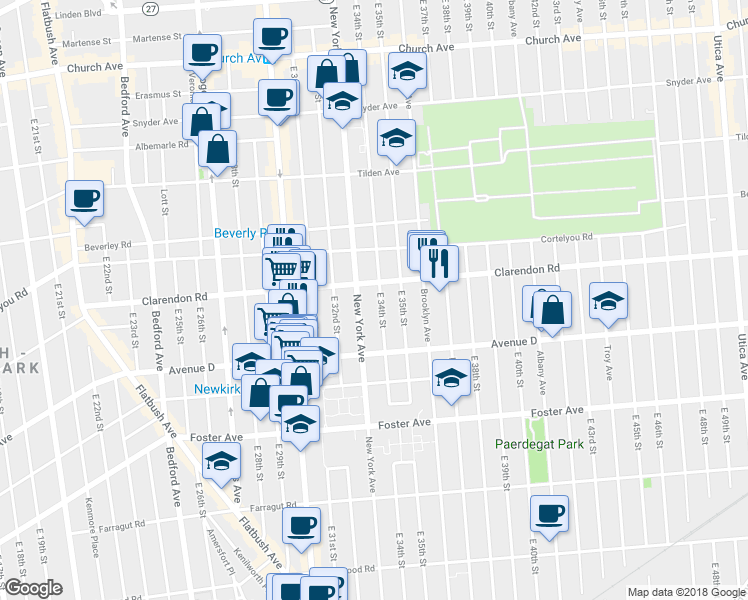 map of restaurants, bars, coffee shops, grocery stores, and more near 1245 New York Avenue in Brooklyn